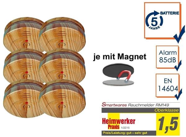 Smartwares 6er-SET Rauchmelder in Holzoptik mit 5 Jahres Batterie & Easy Magnetmontage