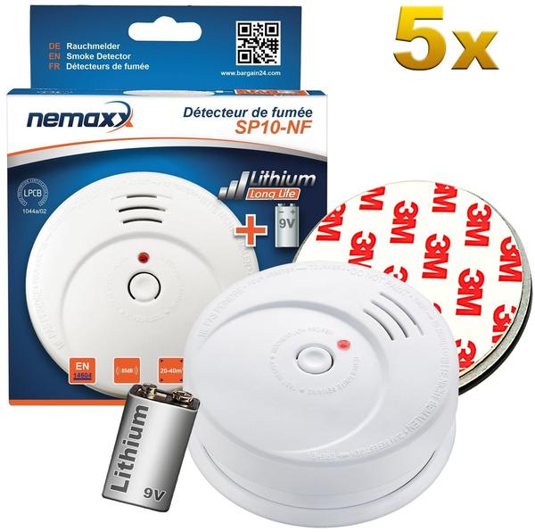 Nemaxx 5x Nemaxx SP10-NF Rauchmelder - hochwertiger Rauchwarnmelder mit sensibler fotoelektrischer Technologie nach DIN EN 14604 mit NF-Zertifikat + 5x Nemaxx Magnethalterung