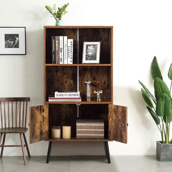 Costway B&uuml;cherschrank mit 2 T&uuml;ren, B&uuml;cherregal Holz, Standregal Vintage, Holzregal braun, Aufbewahrungsregal 60x30x120cm