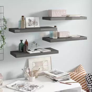 vidaXL Schweberegale 4 Stk. Hochglanz-Grau 60x23,5x3,8 cm MDF (323792)
