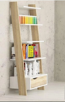 Esidra B&uuml;cherregal mit einer Schublade Wei&szlig; und Eiche, 55 x 180 x 48 cm
