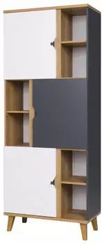 Beautysofa Moreno Bücherregal 3 Türen, 6 Einlegeböden, 80x200x61,5cm, Eiche/Weiß/Graphit