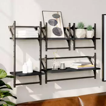 vidaXL Wandregale mit Stangen, Holzwerkstoff, Schwarz, 4er-Set (836263)