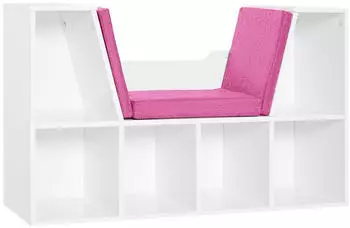HomCom Bücherregal mit Sitzbank, 6 Würfelfächer mit Sitzkissen, 102x30x61cm, Weiß & Rosa