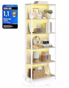 Vasagle B&uuml;cherregal 6 Ebenen mit LED-Beleuchtung, Stahlrahmen, 30,3x60x178,6cm, Naturbeige (LLS120LL01)