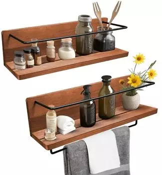 Mein-Regal Wandregal Kim 2er-Set, Paulownia Holz, mit Handtuchhalter, 40x10x10cm