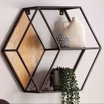 Finebuy Wandregal sechseckig 60x52x20cm Mango Massivholz/Metall (FB95844)