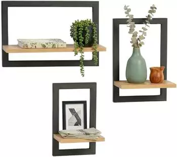 Relaxdays Wandregal-Set 3-tlg., natur/schwarz (40x11,5x27cm)