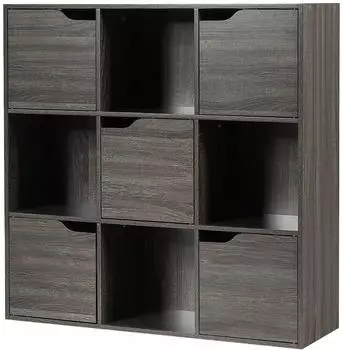 Costway B&uuml;cherregal 9 F&auml;cher, 5 T&uuml;ren, freistehend, 90x29x90cm, grau (TI85096SD)