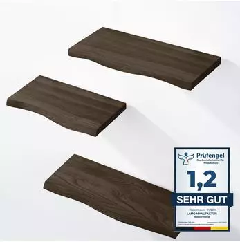LAMO Manufaktur Wandregal-Set 3-teilig, Holz mit Baumkante, schwarz, 42/36/30cm (LAM012254)