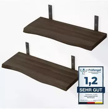 LAMO Manufaktur Wandregal Set 2x 42cm Massivholz Baumkante, schwarz