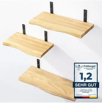 LAMO Manufaktur Wandregal-Set 3-teilig, Massivholz, Baumkante, natur