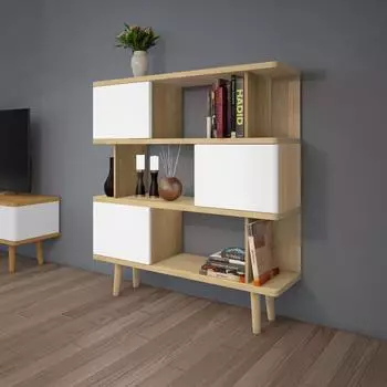 Mid.you Alandra B&uuml;cherregal mit T&uuml;ren, 4 F&auml;cher, 120x130x33cm, wei&szlig;/Eiche (001089000701)
