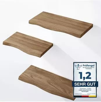 LAMO Manufaktur Wandregal-Set 3-teilig, Massivholz, Baumkante, Nussbaum (LAM012253)