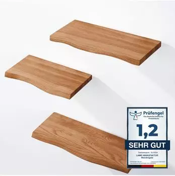 LAMO Manufaktur Wandregal 3er-Set Massivholz Baumkante dunkel 42/36/30cm (LAM012252)