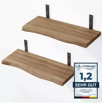 LAMO Manufaktur Wandregal-Set 2x 42cm Massivholz Baumkante, nussbaum (Metallhalterung)