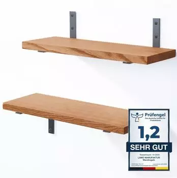 LAMO Manufaktur Wandregal Set 2x 42cm, Massivholz, dunkel (Set 4)