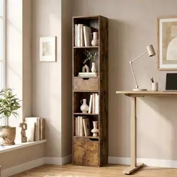 HomCom B&uuml;cherregal 6 Ebenen mit Schublade, schmal, braun (836-631V90RB)