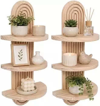 Relaxdays Wandregal Boho-Stil, Regenbogenform, 3 Ablagen, 2er-Set (21,5x45x12cm)