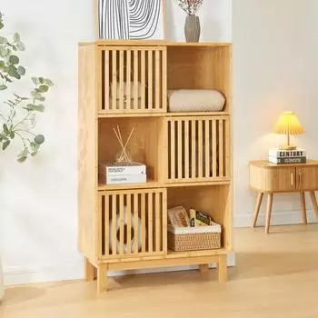 en.casa Yp&auml;j&auml; B&uuml;cherregal Bambus, 6 F&auml;cher, 126x76x33cm, natur