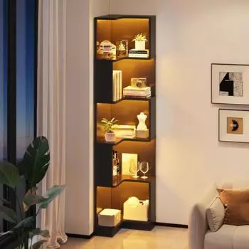 OKWISH Eckb&uuml;cherregal L-Form MDF schwarz 63,5x45x175cm mit LED-Lichtleiste App-Steuerung