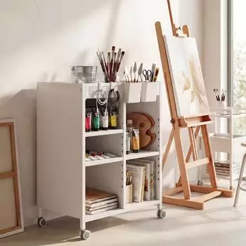 OKWISH Rollregal 4-stufig, Metall, wei&szlig;, verstellbare B&ouml;den & H&auml;ngek&ouml;rbe (53x34x69,5cm)