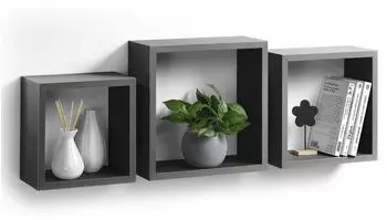 Hom&eacute;a Wandregale 3er-Set, quadratisch, Holz, grau (68474)