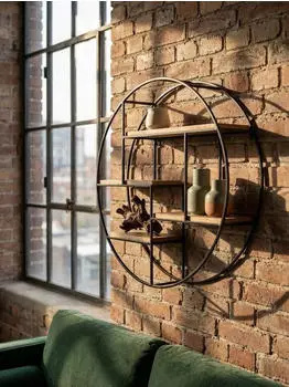 KADIMA DESIGN Wandregal rund, Mango Massivholz/Metall, Industrial, 70x70x18cm