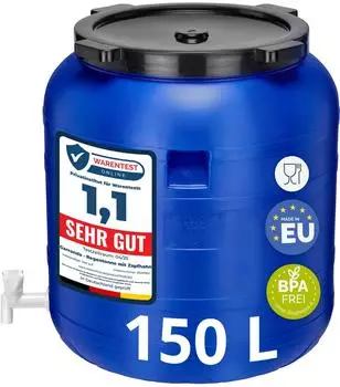 Garronda Weithalsfass 150L BPA-frei mit Hahn und Deckel, Blau (GD-0092)