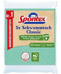 Spontex Spültuch Schwammtuch Classic PEFC, 5 Stück, Antibac, Mischgewebe, 18 x 25 cm, farbig sortiert