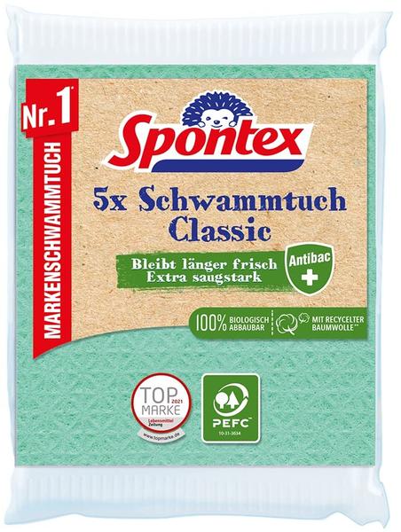 Spontex Spültuch Schwammtuch Classic PEFC, 5 Stück, Antibac, Mischgewebe, 18 x 25 cm, farbig sortiert