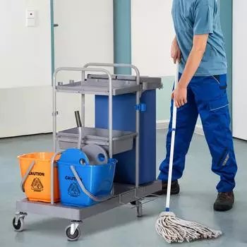 HomCom Reinigungswagen 3 Ebenen, 2x18L Eimer, Abfallsack, 4 Rollen (720-008V00GY)
