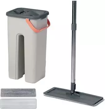 Relaxdays Flachmopp-Set mit Putzeimer, Auswringhilfe, 2 Kammern, 3L