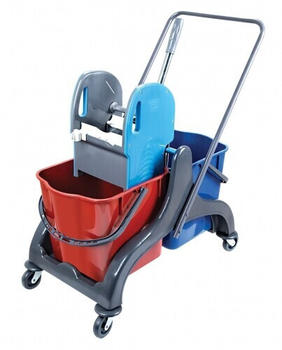 RMV Cleaning Products RMV Reinigungswagen Profi Doppelfahrwagen PE 2 x 25 L dazu 1 x Profi Doppelbacken Presse, verchromte Deichsel