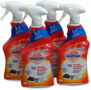 Sagrotan Küchen-Allzweck-Reiniger Spritzige Zitrone – 2in1 Desinfektionsreiniger für die zuverlässige Reinigung von Küchenoberflächen – 4 x 750 ml Sprühflasche