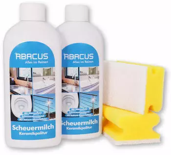 Abacus 2x 500 ml Sani White Scheuermilch/Sanitärpolitur/Keramikpolitur/Edelstahlpolitur mit Schwämmen (7013)