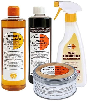 Renuwell Möbel Öl 500 ml - Regenerator 500 ml - Wachs 500 ml - Schnellpflege 500 ml