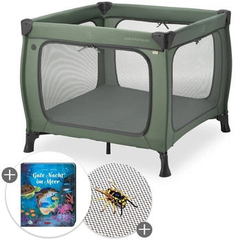 Hauck Sleep N Play SQ inkl. Komfort-Matratze, Insektenschutz & Buch - Gute Nacht im Meer dark green
