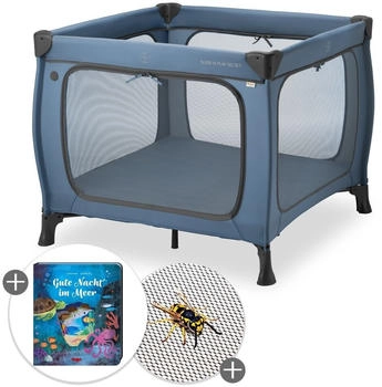 Hauck Sleep N Play SQ inkl. Komfort-Matratze, Insektenschutz & Buch - Gute Nacht im Meer dark blue