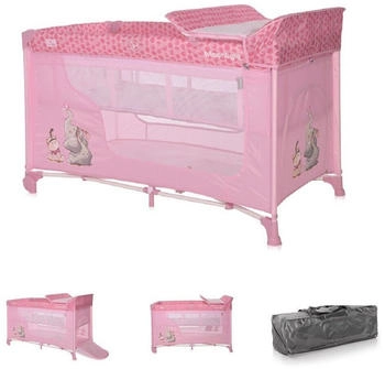 Lorelli Baby-Reisebett Moonlight - zwei Ebenen, faltbar, Wickelauflage, Matratze, R&auml;der rosa pink