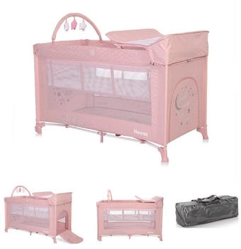 Lorelli Baby-Reisebett Noemi - 2 Ebenen, Wickelauflage, Spielbogen, Tragetasche, Räder pink