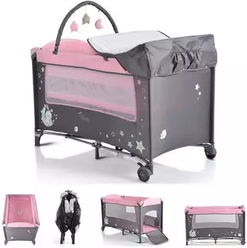 Moni Sleepy Reisebett mit Wickelauflage, Matratze & Spielbogen, grau/pink (Sleepy)