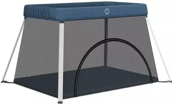 vidaXL Baby-Laufstall mit Matratze, Leinenstoff, marineblau (10304)