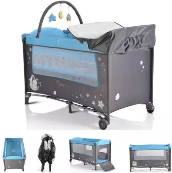 Moni Sleepy Reisebett mit Rollen, Wickelauflage, Matratze, Spielbogen, grau-blau (106501)