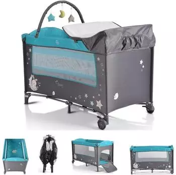 Moni Sleepy Reisebett mit Rollen, Wickelauflage, Matratze & Spielbogen, grau/türkis (101693)
