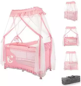 Lorelli Magic Sleep Reisebett 2 Ebenen, Baldachin, faltbar, rosa Sterne