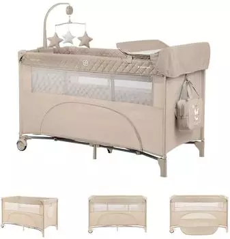 KIKKABOO Nighty Night Reisebett 2 Ebenen mit Spielbogen und Wickelauflage, hellbraun