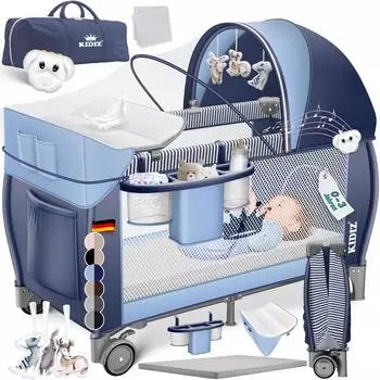 Kidiz Reisebett klappbar 120x60 mit Matratze, Wickelauflage & Moskitonetz, bis 15kg (Navy Blue)