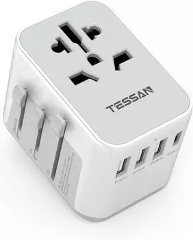 Tessan Universal Reisestecker mit 3 USB-A, 1 USB C und 1AC Steckdose grau/weiß Tessan Universal Reisestecker mit 3 USB-A, 1 USB C und 1AC Steckdose grau/weiß