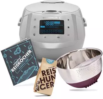 Reishunger Digitaler Reiskocher 1,5l grau + Reis 200g inkl Kochbuch + Reiswaschsch&uuml;ssel